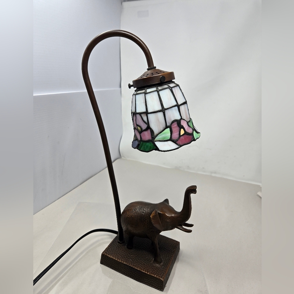 Elephant Brass Goose Neck Tulip Stained Glass Lamp 15 Inch Tiffany Style **READ* - Picture 4 of 11